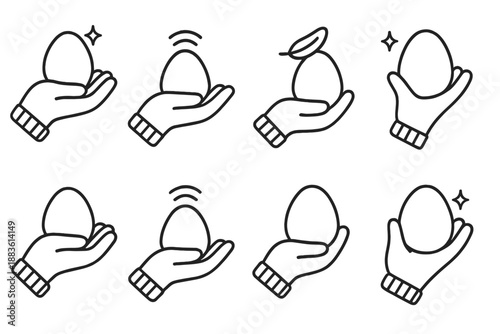 Gentle Handling Icons. Careful Gentle Handling set in outline vector style: cushioned grip, delicate object shape, slow movement line, light pressure symbol,