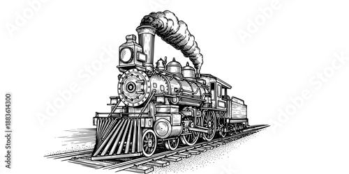 Vintage Steam Locomotive Train Vector - Classic Railway Engine with Tracks Engraving Style Line Art