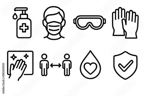 Safety Measures Icons. Personal Protective Measures set in outline vector style: hand sanitizer, face covering, safety goggles, gloves pair, clean surface icon,