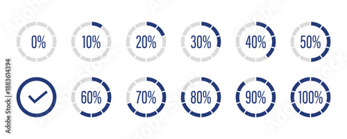 Circular progress indicators with percentages and checkmark isolated on transparent background