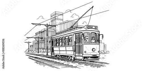 Classic City Tram Streetcar Vector - Urban Trolley Transit with Cable System Line Art Illustration