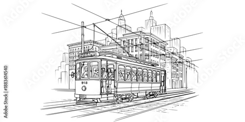 Classic City Tram Streetcar Vector - Urban Trolley Transit with Cable System Line Art Illustration