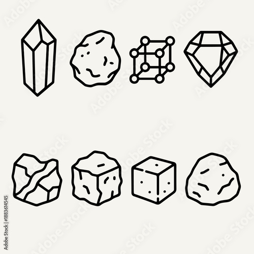Geometric Mineral Icons. Mineral Geology set in outline vector style: quartz point, metallic nugget, crystal lattice, gemstone facet, mineral vein, ore chunk, salt crystal, rough stone