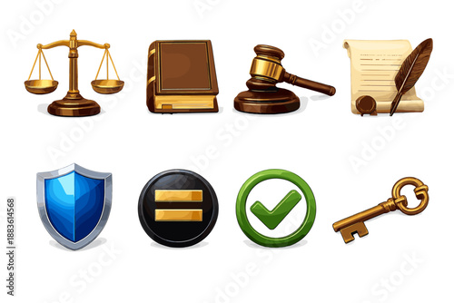 Legal Rights Icons. Legal rights fundamentals: legal scale, law book, justice gavel, rights document, protection shield, equality symbol, verification checkmark, access key