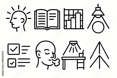 Mindful Focus Icons. Focused Mindset set in outline vector style: concentration lines, open notebook, time block chart, spotlight circle, minimal workspace, checkmark box, calm breath, intention beam