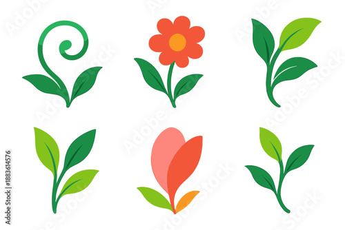 Minimalistic Floral Icons. Organic Bloom vector set in modern flat style : curling vine, blossoming flower, leaf swirl, rising stem, soft petal arc, gentle sprout