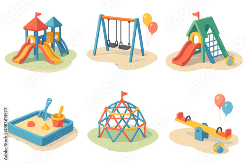 Playground Icons Collection. Amusement Play Area set in isometric flat vector : colorful playground, soft shadow sweep, ambient haze, pastel sky gradient,