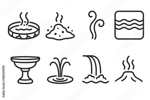 Thermal Pool Icons. Warm Springs Hot Water Elements set in outline vector style : thermal pool, bubbling spring, steam swirl, ripple tile, mineral basin, water jet, waterfall stream, thermal vent