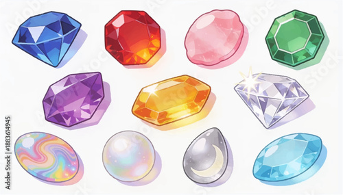 A set of precious stones with unique cut shapes and colors in a cartoonish, minimalist style. Vector graphics. EPS_03.