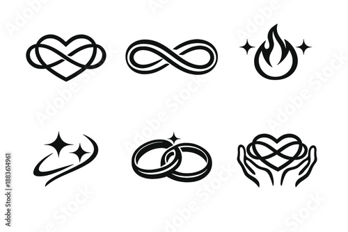 Infinity Love Icons. Endless loveset in outline vector style infinity heart, connected paths, steady flame, star glow, timeless bond, lasting promise