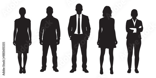 Set of professional men and women silhouettes, standing business people in smart casual and formal attire, businessman in suit and tie isolated on white background.