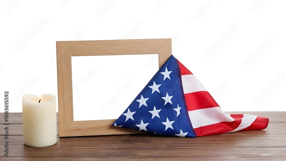 Obraz premium American flag and frame on wooden table with candle