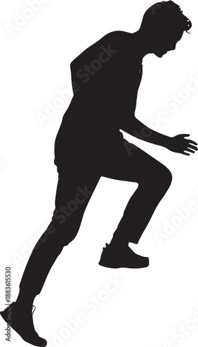Silhouette of man running in dynamic motion with dramatic lighting on black background for fitness advertisement