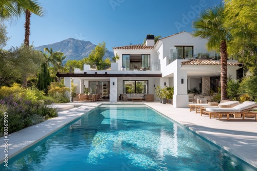 Bright sunny day at a modern villa with a swimming pool and lounge area surrounded by greenery and mountains in the background, offering a view of relaxing outdoor living