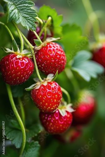 Ripe Red Strawberries Growing on Plant in Garden