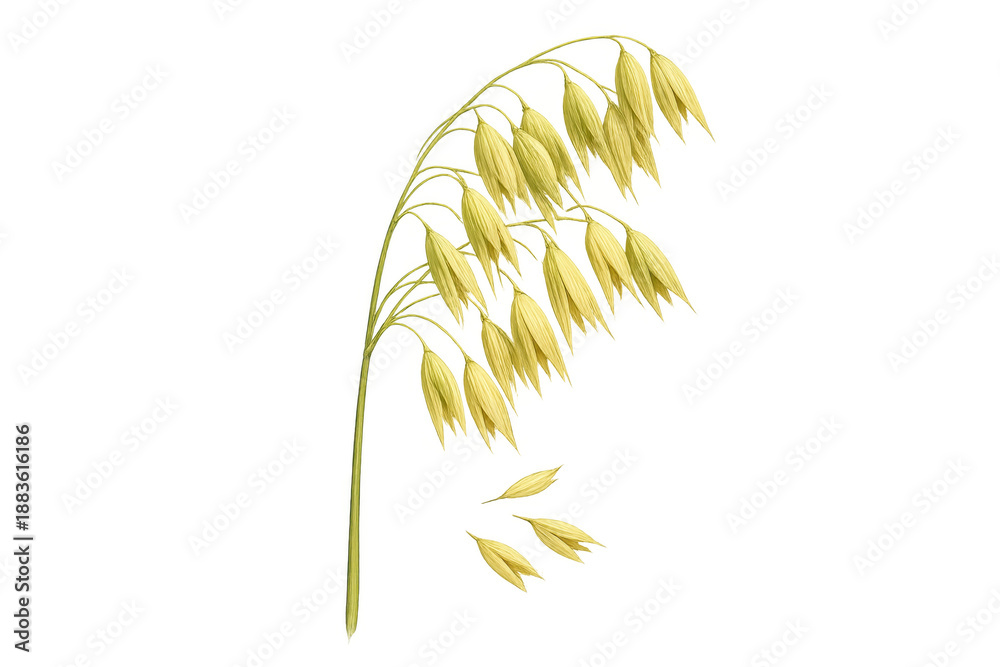 Fototapeta premium Oat plant stem with mature grains, essential for healthy eating, harvest, and farming themes. Transparent background