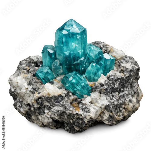 High-quality isolated apatite crystal with a vivid blue-green color, realistic natural transparency, and glossy vitreous luster. The mineral is shown as a pure crystal without rock matrix, isolated on