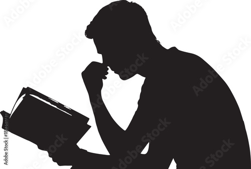 Man Reading Book in Contemplative Mood with Dramatic Silhouette and High Contrast for Editorial Use