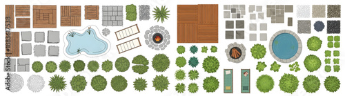 Flat Vector Top View Architectural Landscape Set Featuring Wood Decking, Paving, Pond, and Sun Loungers