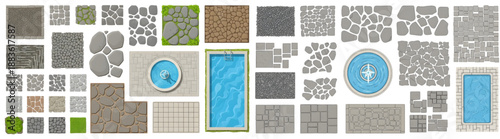Top Down Flat Vector Landscape Elements Set Featuring Paving, Fountain, and Swimming Pool Symbols