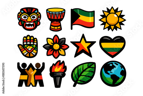 Cultural Icons Collection. Cultural Pride icon set in silhouette bold style. Contain traditional mask, drum, flag, sun, hand pattern, flower, star, heart, people, torch, leaf, globe