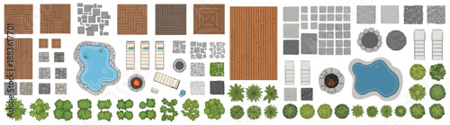 Flat Vector Top View Architectural Landscape Set Featuring Wood Decking, Paving, Pond, and Sun Loungers