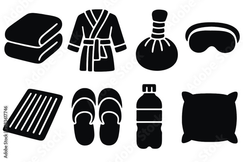 Spa Essentials Icons. Rock Basin Spa Essentials icon set in silhouette bold style. Contain towel, bathrobe, slippers, eye mask, herbal compress, bath mat, water bottle, soft pillow
