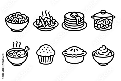 Comfort Food Icons. Classic Comfort Food set in outline vector style: mac and cheese dish, roasted veggies, pancake stack, pot roast icon, chicken soup bowl, warm muffin, savory pie, mashed bowl