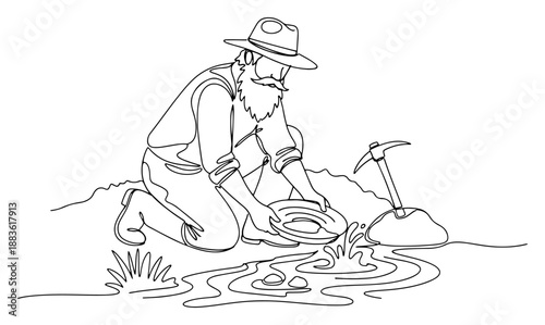 Gold prospector panning for gold in river. Continuous one line drawing of old miner with pickaxe and hat. Vector minimalism design.