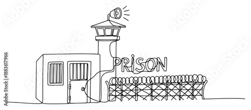 Prison exterior with watchtower. Continuous one line drawing of jail building, security fence and guard tower. Vector illustration.