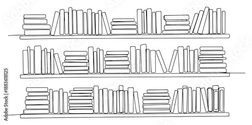 Bookshelves full of books. Continuous one line drawing of library bookcase. Education and literature vector illustration.
