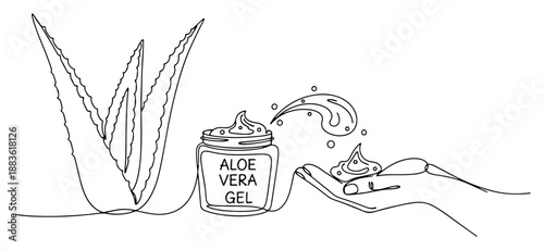 Aloe vera gel skincare. Continuous one line drawing of plant, cosmetic jar and hand with cream. Natural beauty vector illustration.