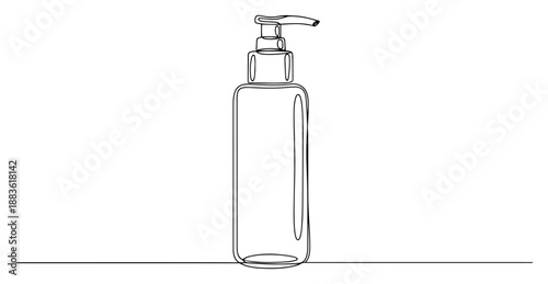 Pump dispenser bottle. Continuous one line drawing of cosmetic container for soap or lotion. Bathroom equipment vector illustration.