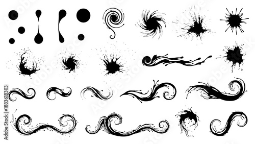 Expressive vector ink flourish elements with splashes and curves — ideal for artistic design, calligraphy accents, tattoo motifs, and creative digital illustration projects