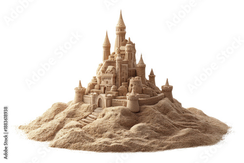Beach sandcastle displayed for summer or vacation concept on transparent background