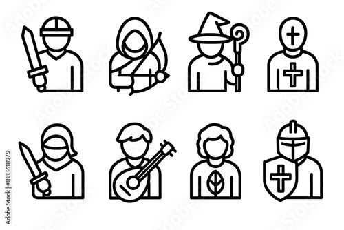 Fantasy Role Icons. Fantasy Character Roles set in outline vector style: warrior blade, ranger bow, wizard staff, cleric symbol, rogue dagger, bard lute, druid leaf, paladin shield