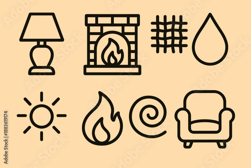 Cozy Hearth Icons. Warm Ambience set in outline vector style: cozy light, hearth ember, woven texture, warm droplet, subtle ray, rounded shape, mellow swirl, comfort curve