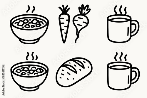 Nordic Meal Icons. Nordic Flavors comfort set in outline vector style: warm stew bowl, root vegetables, hearty broth, loaf piece, cozy mug, soft steam