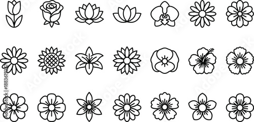 Set of various flower line icons including rose, lotus, and daisy.