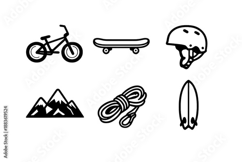 Extreme Sports Icons. Extreme Sportsset in outline vector style BMX Bike, Skateboard, Helmet, Mountain, Rope, Surfboard