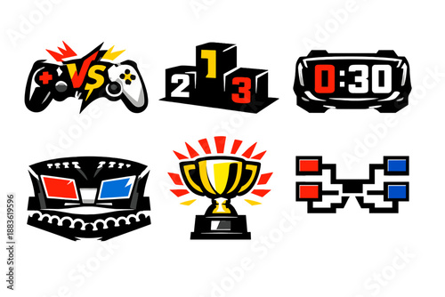 Esports Icons Collection. Gaming competition icon set in silhouette bold style. Contain game controllers duel, ranking ladder, countdown clock, esports arena, prize cup, match bracket