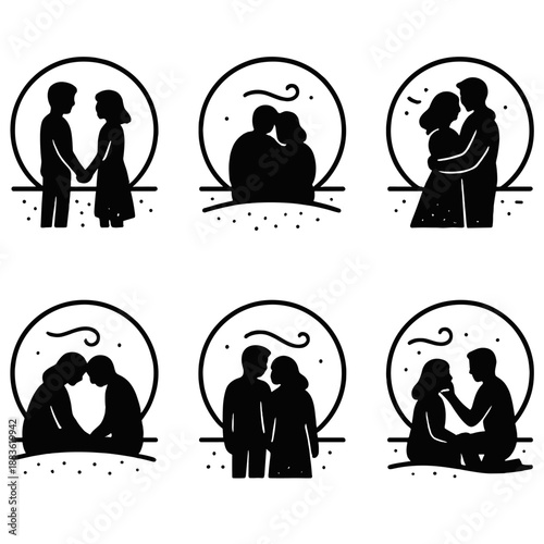 Silhouette Scenic Vibes. Sweet Rendezvous Scenic Together set in outline vector style : horizon glow arc, paired silhouettes hint, ambient breeze swirl, terrain speck, soft sky ring, calm moment mote