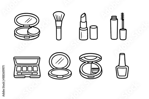 Cosmetic Icons Collection. Makeupset in outline vector style compact powder, brush, lipstick, mascara, eyeshadow, mirror, blush, nail polish
