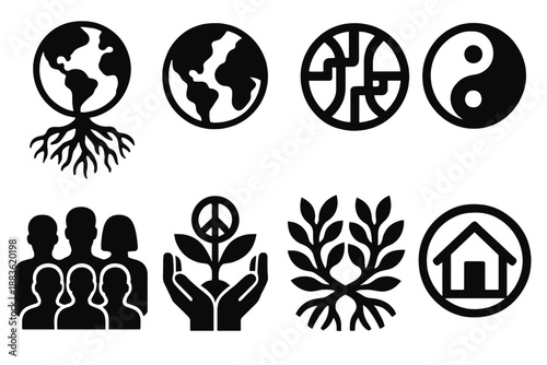 Global Unity Icons. Global Unity Origins icon set in silhouette bold style. Contain globe with roots, merging continents, connected pathways, harmony symbol,
