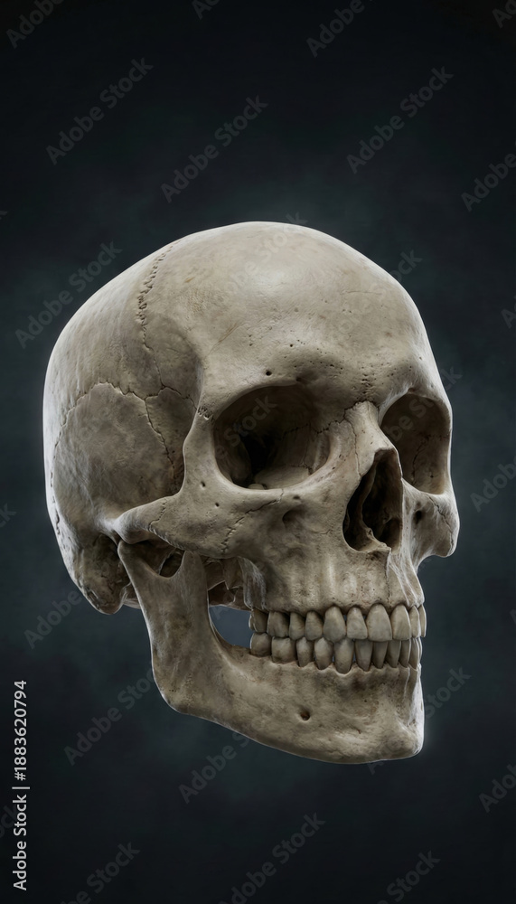 Obraz premium Human skeleton 3D medical visualization - Human skull anatomy render isolated on dark background