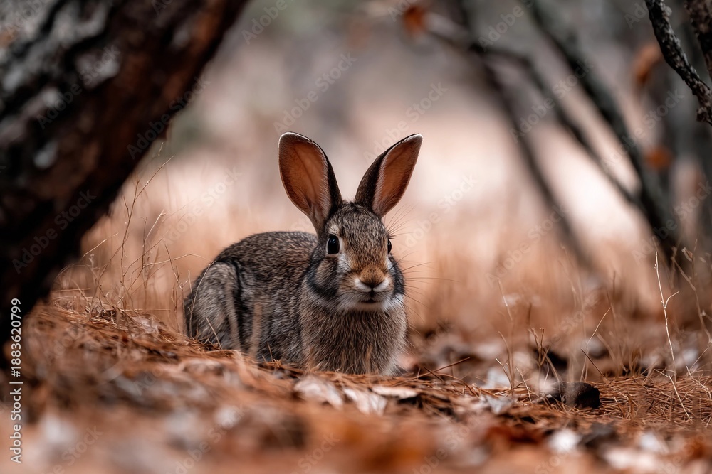 Obraz premium Rabbit rests in forest under trees during daytime