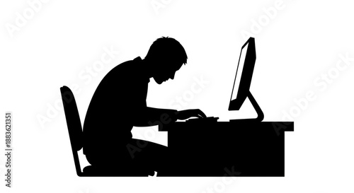 Silhouette of a man sitting at a desk working on a computer silhouette