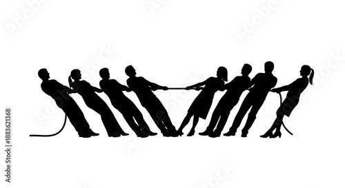 Silhouette of a group of people pulling on a rope in different poses and outfits on silhouette