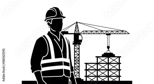 Construction worker in hard hat and safety vest standing next to crane on a building site silhouette