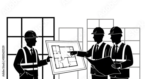 Two construction workers in hard hats discussing a building blueprint in an office setting with a grid window background silhouette